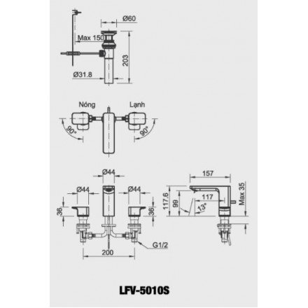 Vòi Lavabo Inax LFV-5010S Van Nóng Lạnh Riêng 3 Lỗ - Ảnh 2