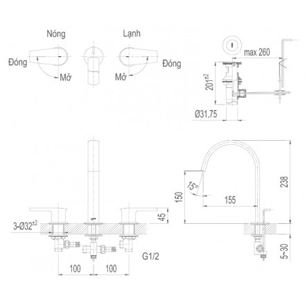 Vòi Lavabo Inax LFV-7100B Van Nóng Lạnh Riêng 3 Lỗ - Ảnh 2
