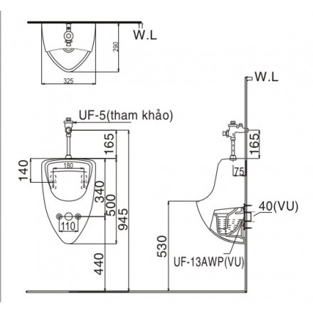 Bồn Tiểu Nam Treo Tường Inax U-440V - Ảnh 2